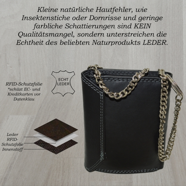 flevado Herrengeldbörse Brieftasche RFID Schutz Hosenkette Echt Leder Hochformat